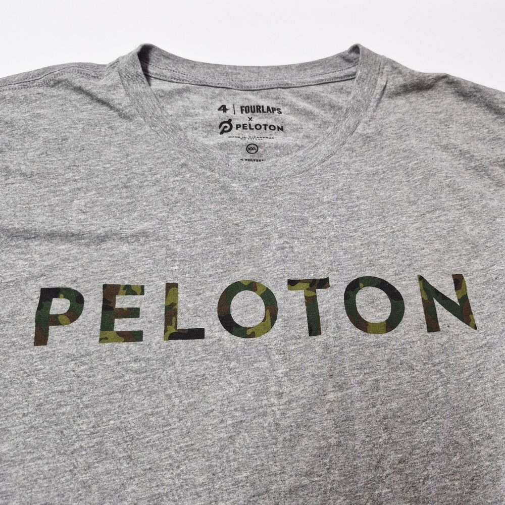 Fourlaps x Peloton Shirt Mens XXL Gray Camo Spell Out Logo Short Sleeve NWOT